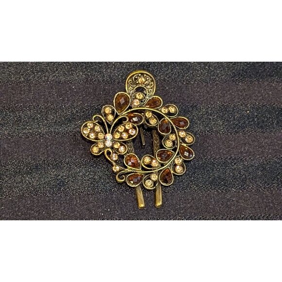 Vintage Gold Tone Rhinestone Butterfly & Floral Hair Clip - Picture 1 of 4